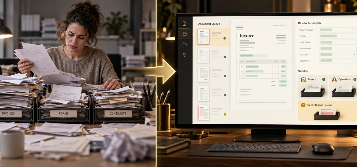 Before: a team manually sorts incoming documents. After: a document app extracts information and routes items to teams for review.
