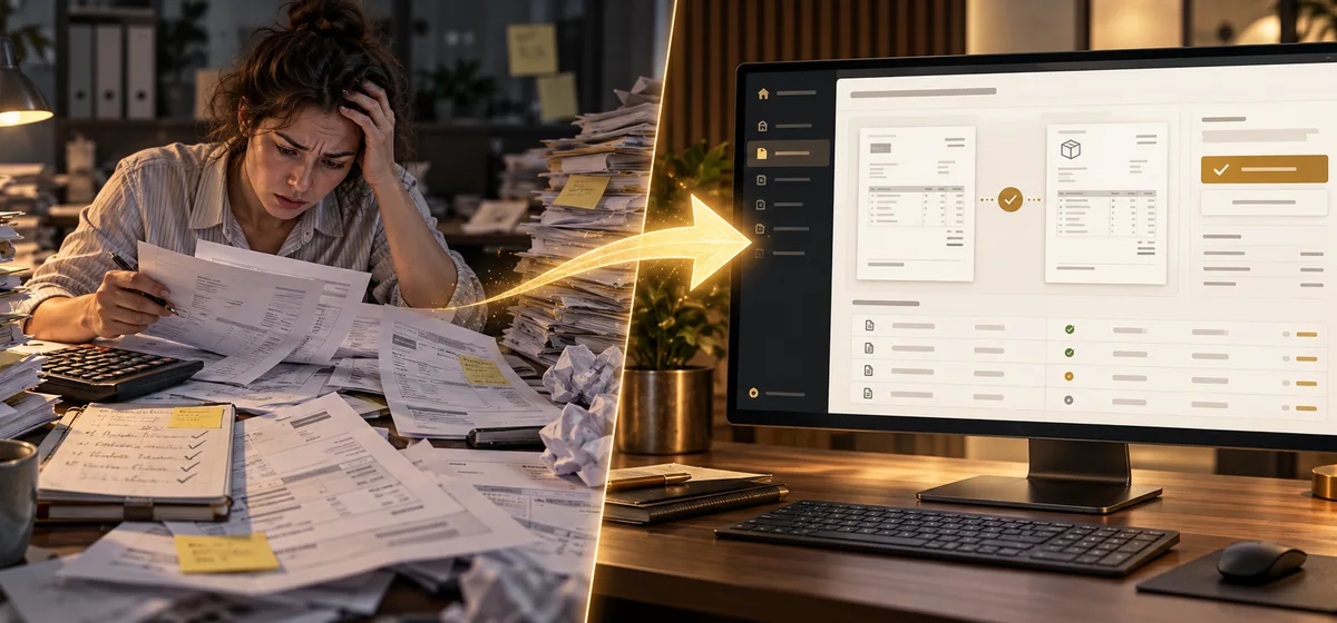 Before: finance team manually sorts invoices. After: a finance app matches invoices to purchase orders for review.