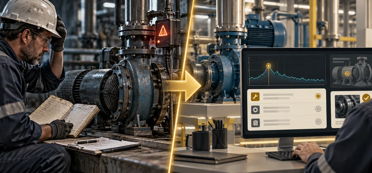 Before: maintenance starts with a manual log after a problem. After: an equipment app flags an early sensor change and helps plan work.