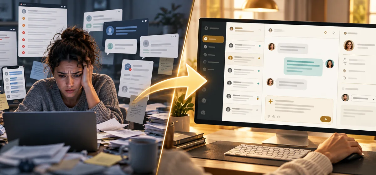 Before: support messages arrive in disconnected inboxes. After: an AI support app organizes conversations and drafts replies for review.