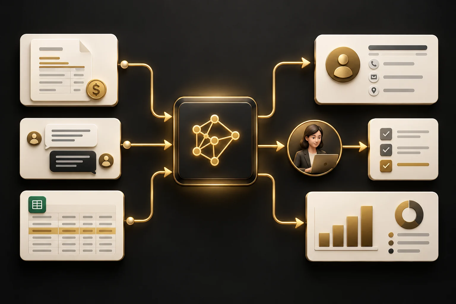 Documents, customer messages, and business data connected through AI to CRM, approvals, and reporting